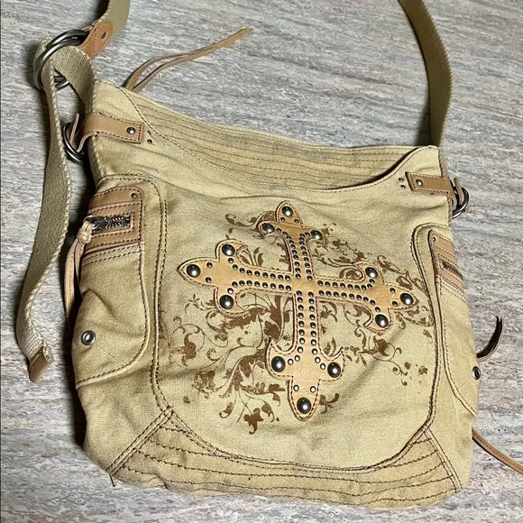 Fossil khaki shoulder/ crossbody bag with studs - Picture 1 of 16